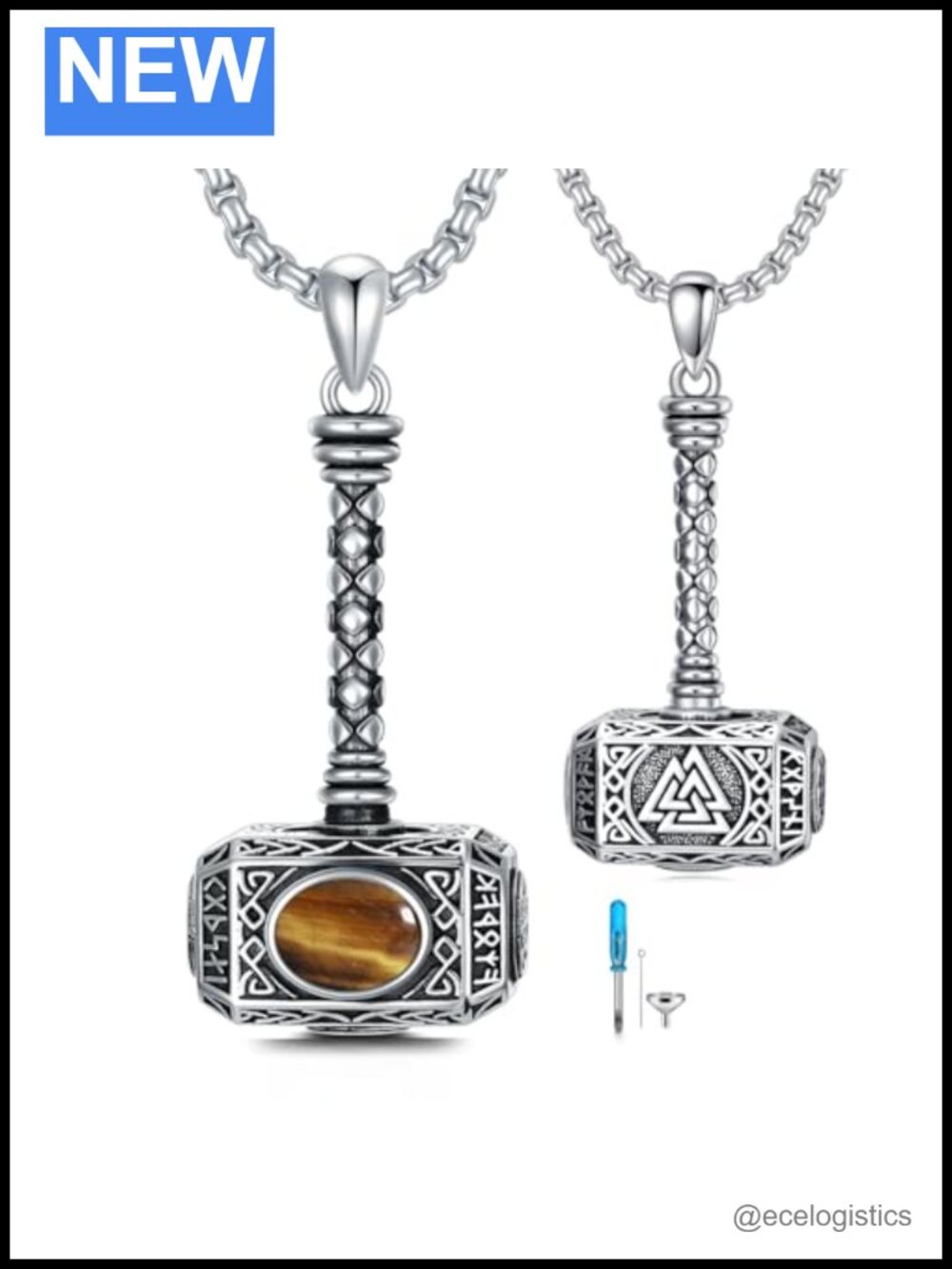 Sterling Silver Thor's Hammer Pendant Necklace with Tiger's Eye